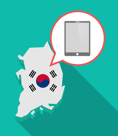Illustration of a long shadow South Korea map, his flag and a comic balloon with a tablet computerのイラスト素材