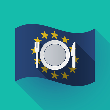 Illustration of a long shadow waving European Union flag with  a dish, knife and a fork iconのイラスト素材