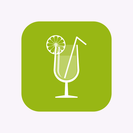Illustration of a isolated square flat color button with  a cocktail glass with a slice of lemon and a strawのイラスト素材