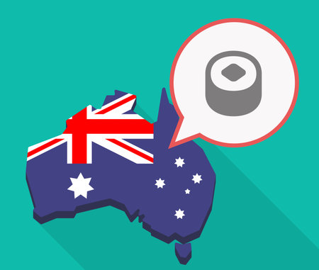 Illustration of a long shadow Australia map, its flag and a comic balloon with a piece of sushiのイラスト素材