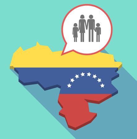 Illustration of a long shadow Venezuela map, its flag and a comic balloon with a conventional family pictogramのイラスト素材