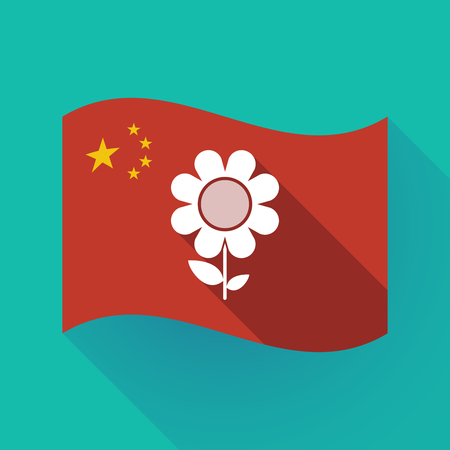 Illustration of a long shadow waving China flag with a flowerのイラスト素材