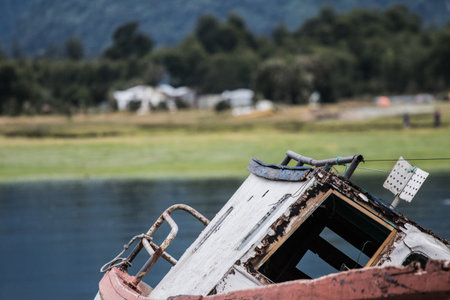 Chiloe, Chile wooden Fishing boats, outdoor traveling in south americaの写真素材