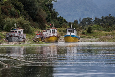 Chiloe, Chile wooden Fishing boats, outdoor traveling in south americaの写真素材