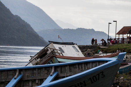 Chiloe, Chile wooden Fishing boats, outdoor traveling in south americaの写真素材