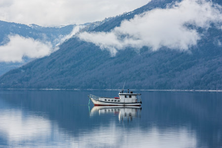 Boat floating over Lake waters, travel South Americaの写真素材