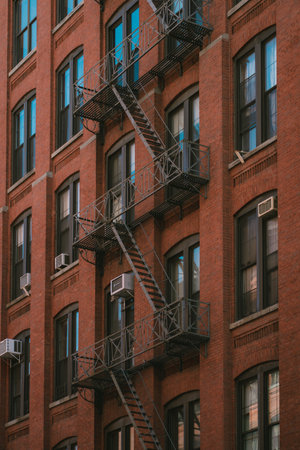There is a brick building that features a fire escape on its sideの写真素材
