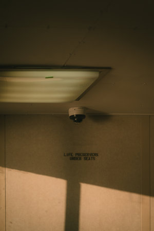 A security camera is strategically mounted on the ceiling of the buildingの写真素材