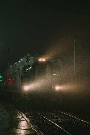 A train is traveling smoothly down the tracks under the night skyの写真素材