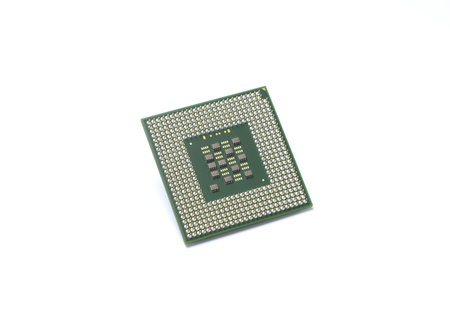 CPU Central Processing Unit or Microchip Computer on white background. A microchip consists of...
