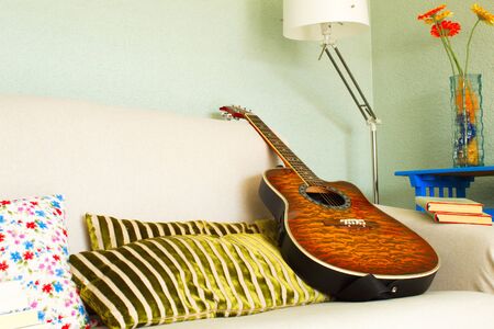 reading an interesting novel in a comfortable chair or learning how to play the guitar are two good options for quarantiningの写真素材