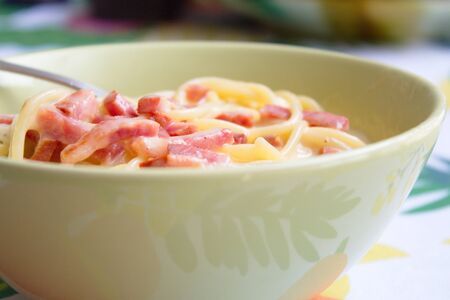 delicious bowl of freshly made spaghetti carbonaraの写真素材