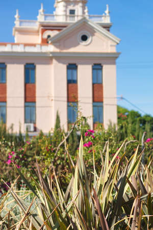 nice apartment building next to nice colorful garden on a sunny dayの写真素材