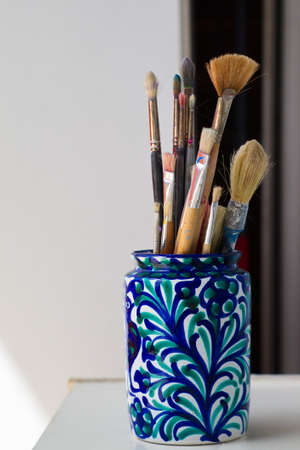 Set of brushes used for painting canvasesの写真素材