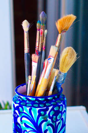 Set of brushes used for painting canvasesの写真素材