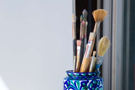 Set of brushes used for painting canvasesの写真素材