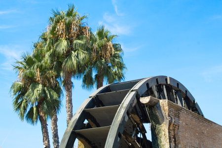 Old water wheel or ferris wheel to irrigate the garden of Murciaの写真素材