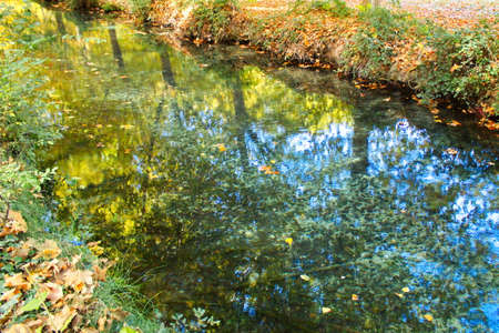 Calm stream of water that runs through the surroundings of the Fuentes del MarquÃ©s in Murciaの写真素材