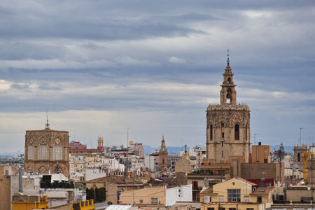 Gothic-style bell tower of the Valencia Cathedral called El Migueleteの写真素材