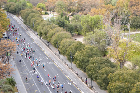 Valencia, Spain; 12 04 2022: Valencia International Marathon as it passes through the Turia Gardens...