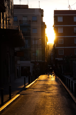 Spectacular sunset with the sun getting between the buildings creating beautiful lights and shadowsの写真素材