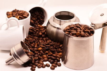 Close-up of coffee beans on white backgroundの写真素材