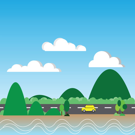 Yellow car travel road forest and mountainのイラスト素材
