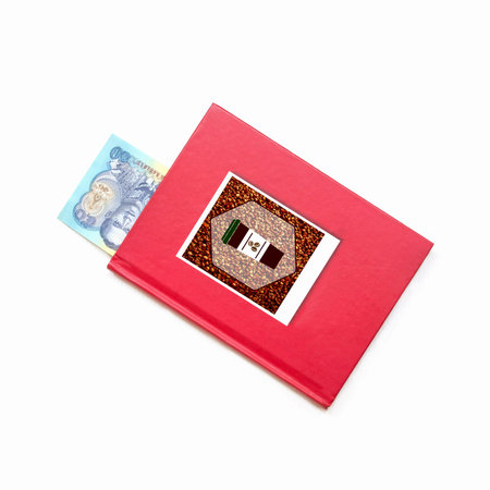 Red coffee book and Bookmark on white background.