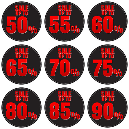 Sale, discount labels. Special offer price signs. 50, 55, 60, 65, 70, 75, 80, 85 and 90 percent off reduction symbols.のイラスト素材