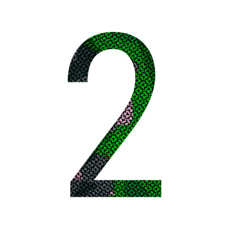 Number 2 ( two ) with green fabric texture background.の写真素材