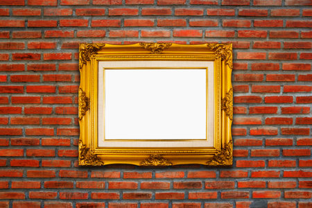 Classic wooden frame on red brick wall texture.の写真素材