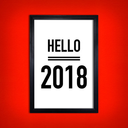 Mockup of black frame poster on red wall with text hello 2018
