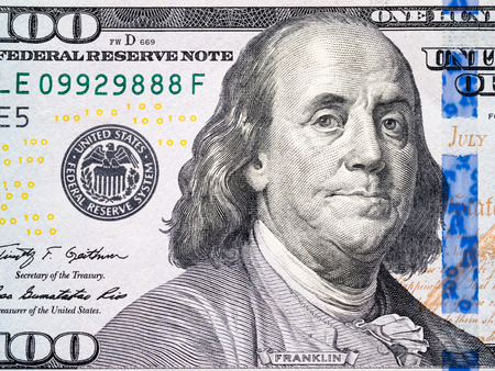 Portrait of Benjamin Franklin from one hundred dollars bill textureのeditorial素材