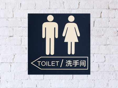 toilet sign on white brick wall background.