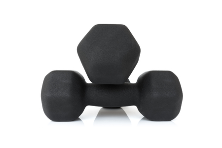 Pair of black dumbbells on white background.の写真素材