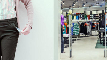Woman showing her empty pocket on the wall background in the shopping mall.の写真素材