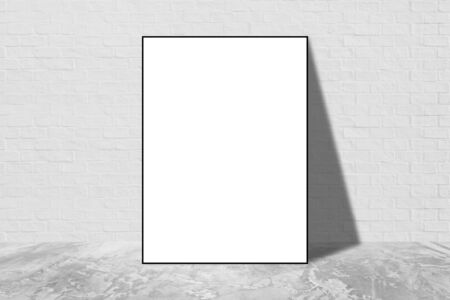 Black blank frame in white brick wall with concrete floor texture interior room background, Mockup template for your content or design.の写真素材