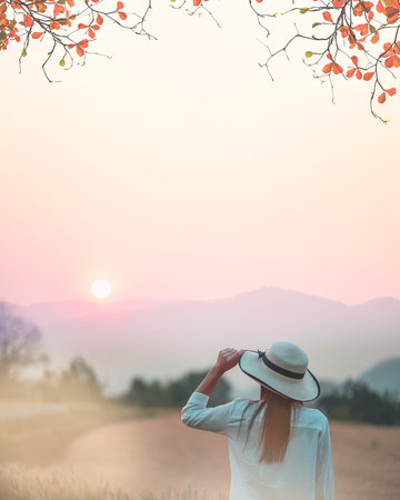 Traveler young woman standing on a golden wheat field background.の写真素材