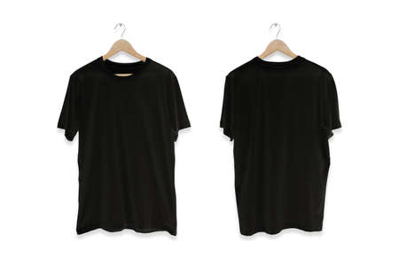 Black blank front and back t-shirt isolated on white background.の写真素材