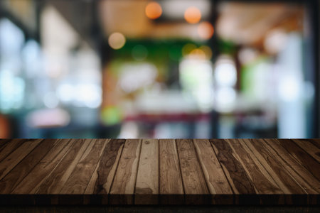 Empty top of wood table with blur cafe or coffee shop background.