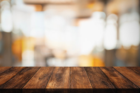 Empty top of wood table with blur interior coffee shop or cafe for background.の写真素材
