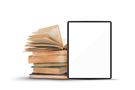 Books and tablet computer on white background.の写真素材