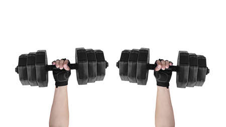 Shoulder press exercise. Hands holding dumbells isolated on white background.の写真素材