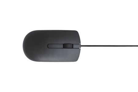 Top view of black computer mouse isolated on white background.の写真素材