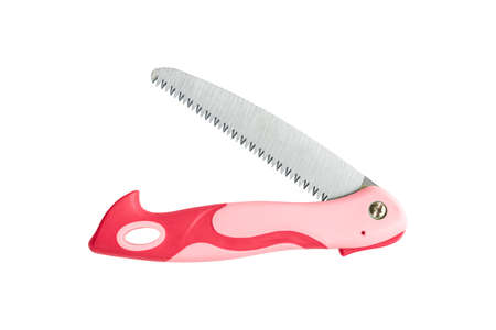 Red folding saw isolated on white background.の写真素材