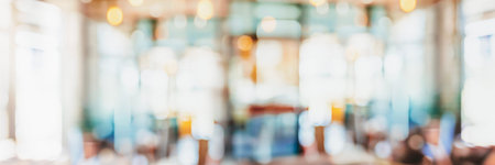 Panorama abstract blur interior coffee shop or cafe for background.の写真素材