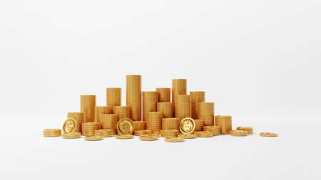 3D render illustration. Stack of golden coins on white background. Gold coins or currency of business for saving money and financial planning concept.の写真素材