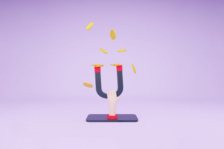 3D illustration hand holding a big magnet on smartphoe to attract money. Concept of making money,...