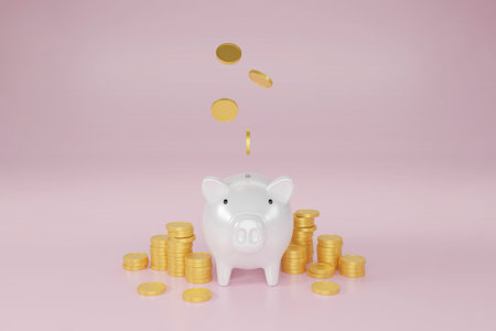 3D white piggy bank and golden coins on pink background. Business concept of saving money and financial planning. 3d render illustration.の写真素材