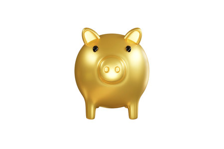 3d cartoon golden piggy bank isolated on white background. 3D render illustration.の写真素材